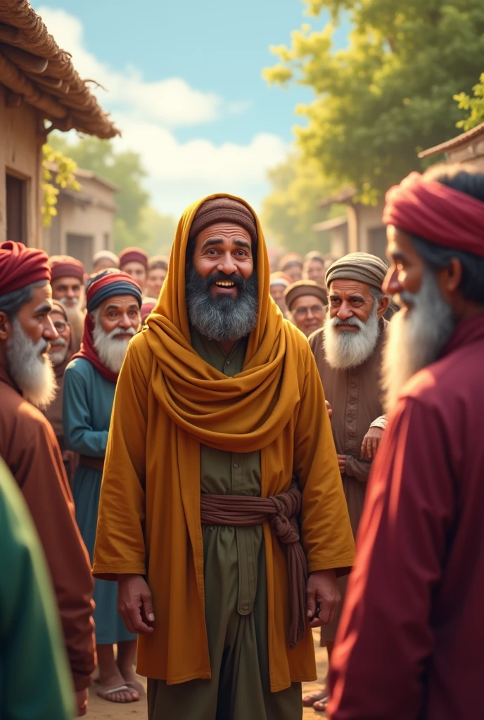 4. **Village Praising Ahmed**: Show a scene where the villagers are gathered around Ahmed, expressing their admiration. Ahmed is standing in the center, looking humble, while the villagers around him are smiling and talking, showing their respect.