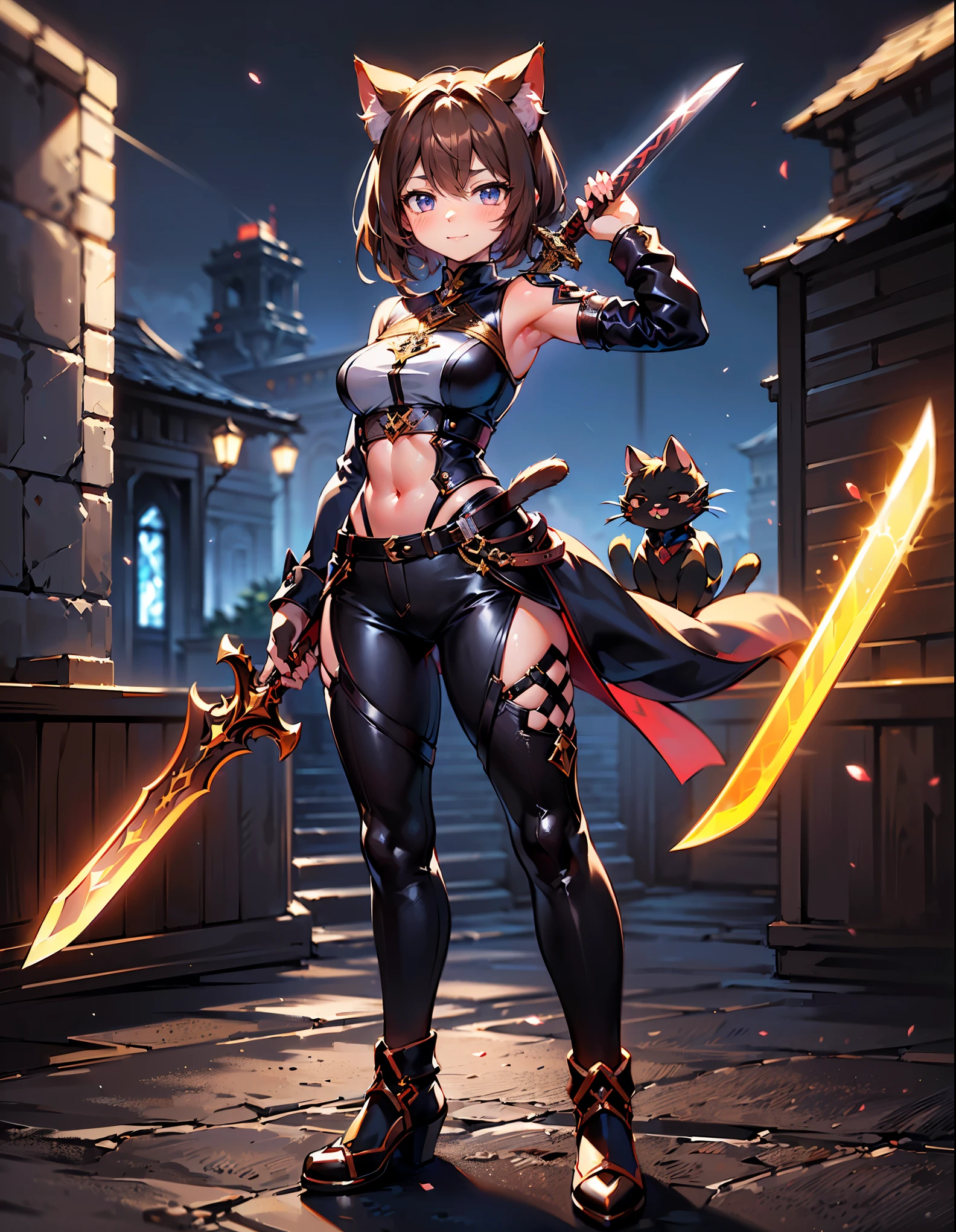 (best quality, ultra-high resolution, depth of field:1.2), (A cute brunette cat girl with a hot body wearing a stylish outfit holding a sword in front of her body with a stylish pose:1.3), night time, (multiple points of views), (standing:1.2)