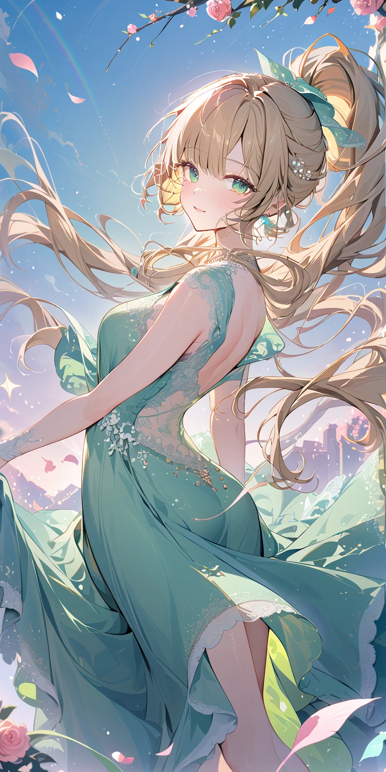 1girl, Rose gold blonde hair, absurdly long wavy hair ponytail, emerald green eyes, small mouth, slender body, large breast, lace long dress, ribbons swaying, white background, blooming pale pink flowers, petals dancing in the wind, soft light enveloping the scene, dreamlike atmosphere, contrapposto, gentle smile, look at viewer, soft focus, breast focus, lens flare, masterpiece, best quality, pastel tones, lace details, ultra-detailed texture, perfect composition, high resolution, sharp focus, delicate brushwork, Vector Art, 2D flat, sleek design, AddXL, Dream Scenery, vibrant accents, lace-patterned details, simple shapes, flat colors, additional XL elements, and a dreamy, fantastical scenery