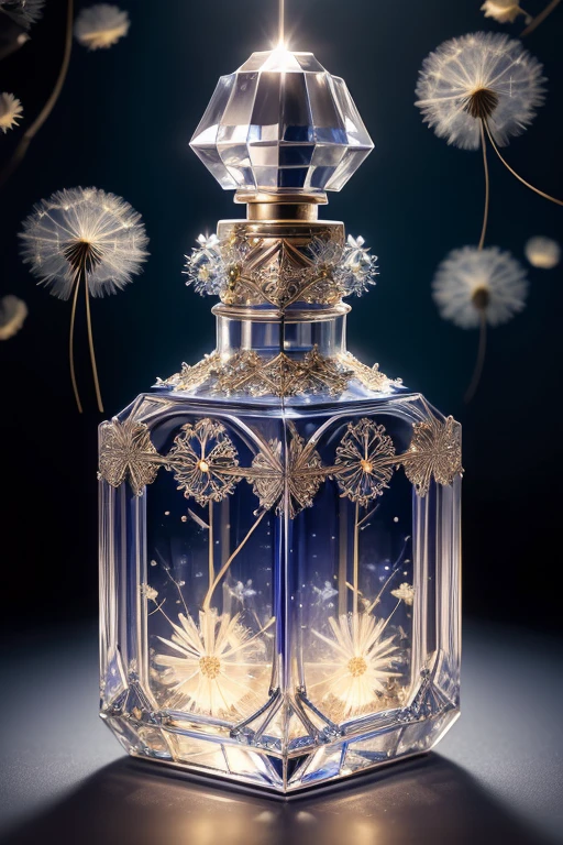 Bottle Design 、ornate gothic carved luxury square perfume bottle、　Beautiful dandelion flowers and birds are displayed、blue color background 　 silver lighting、Precisely made 、 shot by a professional photographer 、Excellent lighting、 greatest masterpiece