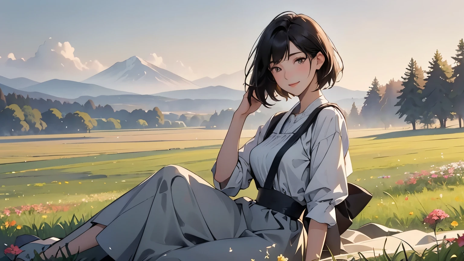 (  best quality 、 high definition 、  Masterpiece )、(Anime art 4k)、(Realistic)、(( two women、20 years old、whole body、 taking in the beautiful scenery 、Sitting and resting on the prairie 、 eat snacks、 A basket full of flowers))、(Detailed depiction of a beautiful face)、 smiling gently 、 medium short hair 、  lots of dark brown hair 、 braid hair、White blouse and long skirt、 dress、apron、apronドレス、picnic、 Film Lighting 、 ray tracing、Soft light、 Welsh scenery on a foggy morning 、Blooming Grassland、 A misty meadow on a calm morning 、 flowers blooming all over the prairie 、( Sargent style watercolor)、