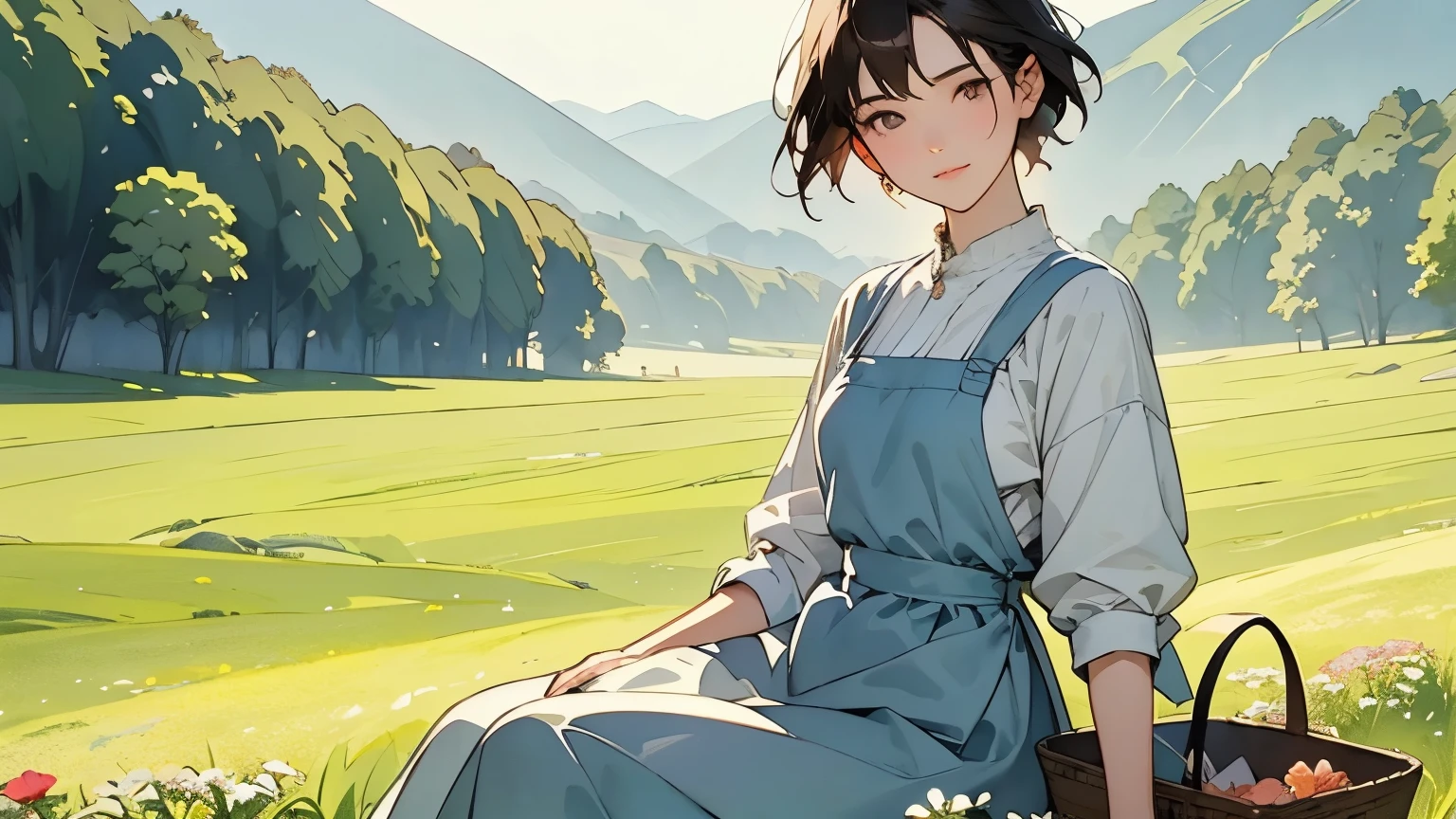 (  best quality 、 high definition 、  Masterpiece )、(Anime art 4k)、(Realistic)、(( two women、20 years old、whole body、 taking in the beautiful scenery 、Sitting and resting on the prairie 、 eat snacks、 A basket full of flowers))、(Detailed depiction of a beautiful face)、 smiling gently 、 medium short hair 、  lots of dark brown hair 、 braid hair、White blouse and long skirt、 dress、apron、apronドレス、picnic、 Film Lighting 、 ray tracing、Soft light、 Welsh scenery on a foggy morning 、Blooming Grassland、 A misty meadow on a calm morning 、 flowers blooming all over the prairie 、( Sargent style watercolor)、