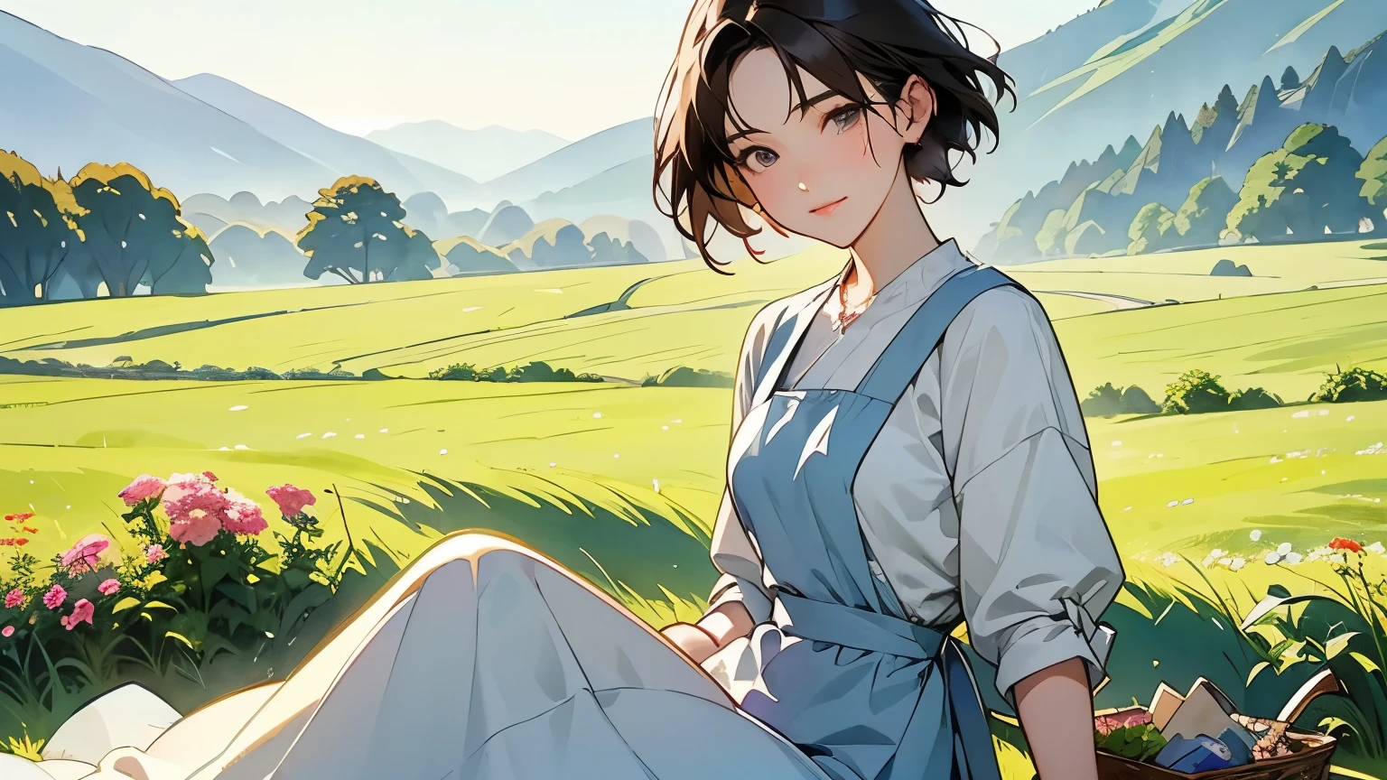 (  best quality 、 high definition 、  Masterpiece )、(Anime art 4k)、(Realistic)、(( two women、20 years old、whole body、 taking in the beautiful scenery 、Sitting and resting on the prairie 、 eat snacks、 A basket full of flowers))、(Detailed depiction of a beautiful face)、 smiling gently 、 medium short hair 、  lots of dark brown hair 、 braid hair、White blouse and long skirt、 dress、apron、apronドレス、picnic、 Film Lighting 、 ray tracing、Soft light、 Welsh scenery on a foggy morning 、Blooming Grassland、 A misty meadow on a calm morning 、 flowers blooming all over the prairie 、( Sargent style watercolor)、