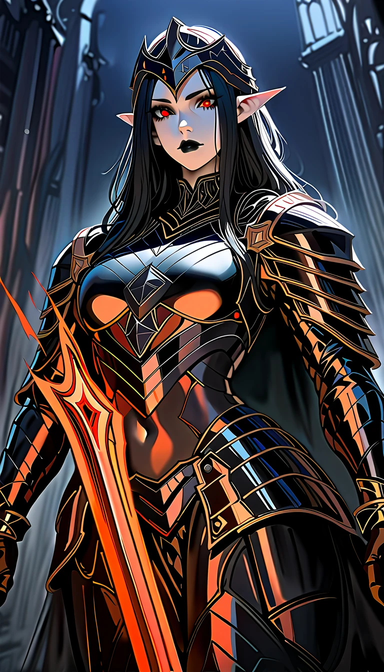 (high quality, 8k, 4K, high contrast, artwork:1.2, high quality, best aesthetics), (centered), ((1 woman)), mature body, super detailed, beautiful face detailed, detailed beautiful mouth, (long wavy white hair) (serious expression), (black lipstick), (front view), (standing), (black medieval armor), (shoulder pads), (long black cape), (medieval knight), Detailed, High Quality, Detailed body, Masterpiece, 4k, White Skin Colour, White hair, Beautiful Appearance, Female, Extremely Long Hair , Glowing Red eyes, Dark Elf Woman, Large Dark Forest in background, Beautiful Face, Fire Magic, Dark Sorcer Badass Armour, Dress, drow, female, pointy ears, solo, elf, navel, hood, midriff, looking at viewer, long hair, cloak, dark elf, breasts, white hair, hood up, cape, medium breasts, hooded cloak, belt, pouch, grey skin, upper body, weapon, ((masterpiece, best quality))