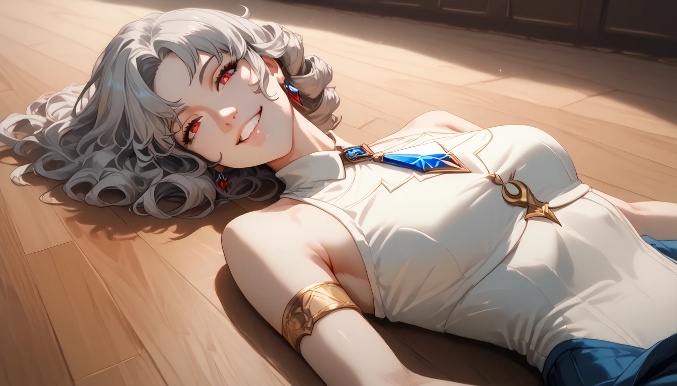 (Realism: 1.4), best quality, masterpiece, female, slim,, fair skin, long curly gray hair, red eyes, smile, bard, do not disturb, lute on back,crawl on the floor,