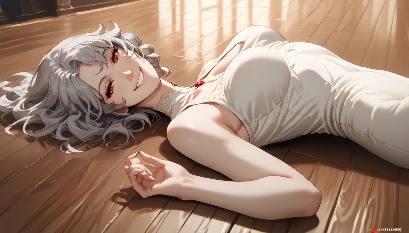 (Realism: 1.4), best quality, masterpiece, female, slim,, fair skin, long curly gray hair, red eyes, smile, bard, do not disturb, lute on back,crawl on the floor,