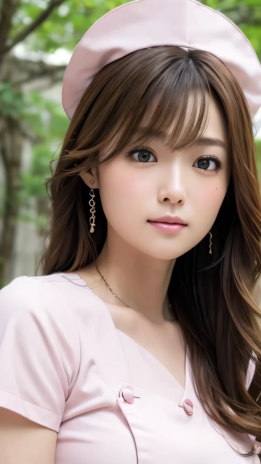 ( photorealistic:1.4, 8k), best quality , Masterpiece , ultra high resolution with forest background, Perfect dynamic composition, Big Face、Round face、(( light brown hair :1.4、 HALF UP:1.4))、 high definition skin and face textures:1.3, Limb details, 1 girl, Cute and sexy 30 year old Japanese woman, ( sunburned skin:1.2), (( Will Totally Fascinate You :0.9)), hospital exam room , Stethoscope, ((Light pink nurse costume:1.4,)),( clevis, medium chest ), ( Look Away、 beautiful eyes , dark eyes, Eyes that feel beautiful eros :0.85), Sexy Face:0.4, ( closed mouth 、Small Mouth、 Thick lips、 beautiful taste of eroticism:0.85), (( Too Cute Beauty :0.9))、 natural makeup、((close-up))