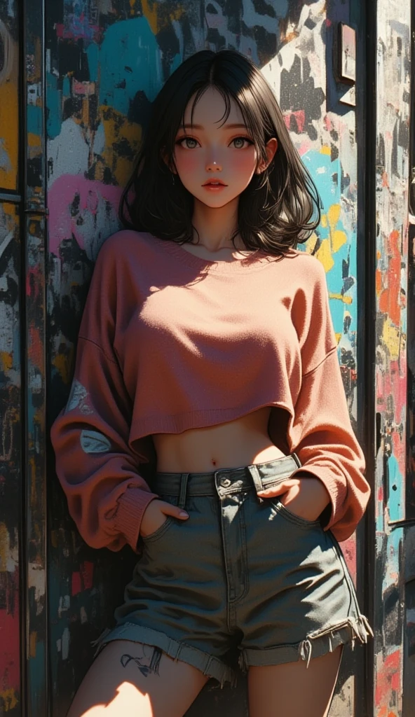    full body shot   ,   anatomically correct  , plano general,  full body wool sweater  ,  realistic anime style, ((  Arafada woman leaning against a graffiti wall,  pose casually , leaning against wall, attractive pose, tight outfit , 2 model fe  , leaning against wall, Very cool pose, pose sexy, cindy avelino, Shooting pose, modelo de instagram,  thin waist and wide hips  ,  Anna Nikonova aka Newmilky  , photo of a slim model  , chiaroscuro,  depth of field, GTA V :1.5)), Style Ross Tran, realistic art style, In the style of Ross Tran , Ross Tran. Scenic background ,  Beautiful digital artwork  , lois van rossdraws, realistic art style,  impressive digital illustration  , ross drawings 1  . 0,  impressive art style  , in the style of Guweiz  ,quality\(8K,  extremely detailed CG unit wallpaper ,  High resolution, top-quality, top-quality real texture skin,  hyperrealistic, increase resolution ,  RAW Photos Box, best quality,  very detailed , The  ,  Golden Ratio  ,  high saturation realism  ,  vibrant colors ,  'dramatic lighting' ,  persuasive storytelling  ,  atmospheric scenery  , Captivating images,  intricate details  , strong emotions, dream world\).landscape, U  High Definition  , Retina,  masterpiece  , necessary,  anatomically correct  , old school,  super detail  ,  tall details, high quality , Winner Award  , best quality, highres, 1080P,  High Definition  , 16K, y2k style, y2k style,   beautiful art style  ,beautiful cartoon 