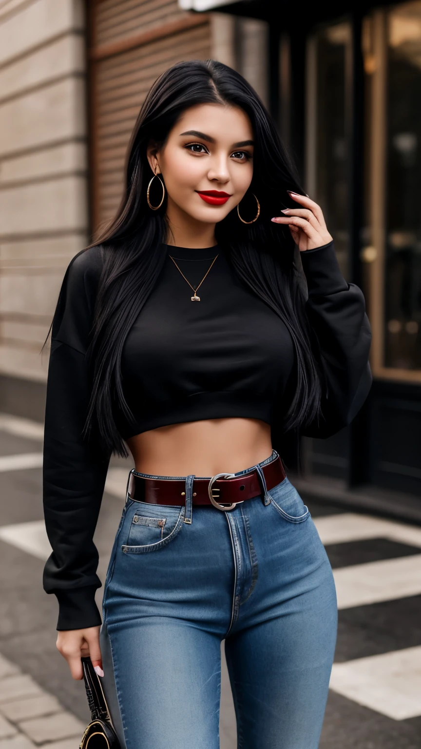 18 year old women ; long black hair ; black eyes; slim body; slighlty large breasts; slightly medium sized ass; girl is wearing a drawstring black color top that is half sleeve along with skin tight blue jeans; front view of girl standing; girl's top is a drawstring black coloured shirt along with bottom being skin tight blue jeans