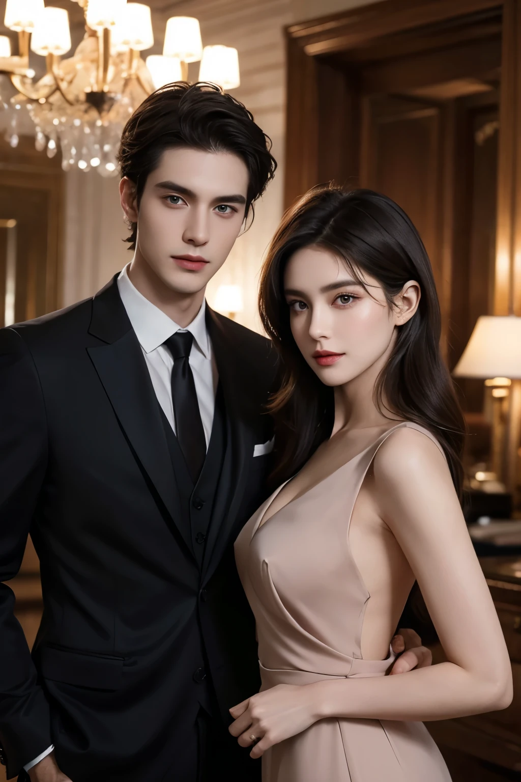 Realistic, 4K, Highly detailed, High quality,  portrait of a man in a suit. (Couple photo) And beautiful girls are wearing expensive, luxurious dresses., Perfectly proportioned, intimate, loved one, Close to each other,  perfect anatomy , Perfect background,  perfect face,  Perfect Body ,  Detailed Face , Look at the camera, Luxury villa background