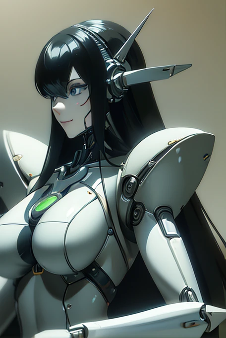 (masterpiece),(Highest quality),(Super detailed),(Best illustrations),(Best Shadow),(Absurd),(Detailed Background),(so beautiful), 16K, 8K, 4K,(Best Shadow),robotization,woman ,big bust,Robot Joint ,Metal skin,Black robot Suit,blue long hair,a black robot suit that covers the whole body,robot hand,cyber bodysuit,mecha head,(Detailed hands and fingers:1.2),Ball joint robot body,doll joint,beautiful face,beautiful robot girl,robotic eye,robotic hands,(no more human skin),android girl,cyborg girl,F cup, sexy body,(machine made joints:1.2),(machanical limbs:1.1),(blood vessels connected to tubes),(mechanical vertebra attaching to back),(mechanical cervial attaching to neck),no messy picture style,no emotion,tech control,black robot suit,maintenance,smile