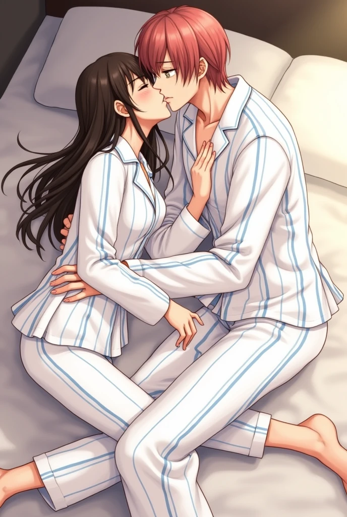 college student couple、Lovers、black hair girl、cute、droopy eyes、hug、tall man、Handsome guy、detailed face、バックhug、pajamas、white clothes、A woman sits on a man's lap、smile