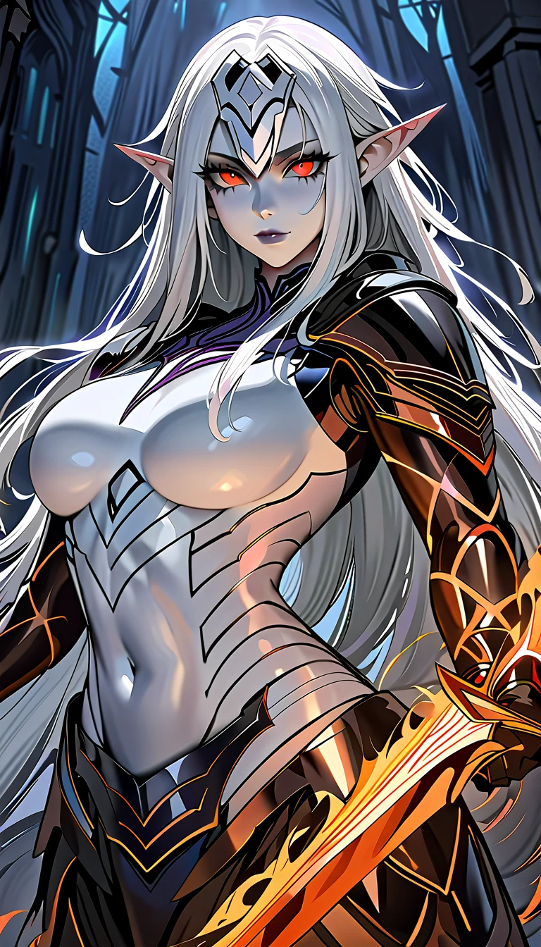 Detailed, High Quality, Detailed body, Masterpiece, 4k, White Skin Colour, White hair, Beautiful Appearance, Female, Extremely Long Hair , Glowing Red eyes, Dark Elf Woman, Large Dark Forest in background, Beautiful Face, Fire Magic, Dark Sorcer Badass Armour, Dress, drow, female, pointy ears, solo, elf, navel, hood, midriff, looking at viewer, long hair, cloak, dark elf, breasts, white hair, hood up, cape, medium breasts, hooded cloak, belt, pouch, grey skin, upper body, weapon, ((masterpiece, best quality))