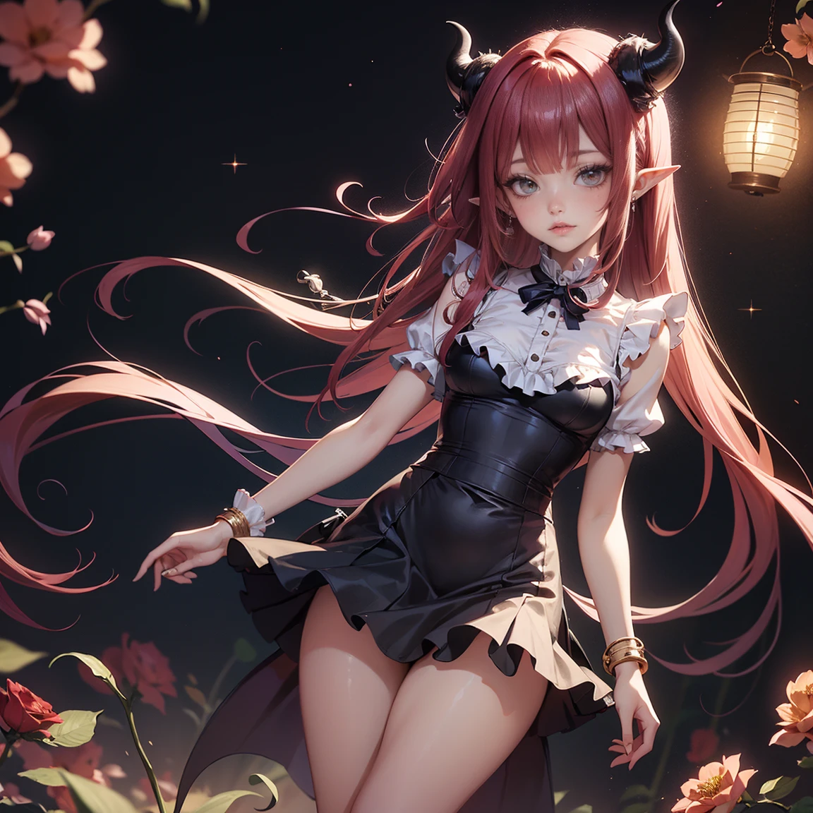 1girl, dress, jewelry, red hair, horns, flowing hair, long hair, solo, dark roses, firefly, pointy ears, floating hair, ornament hair, Looking at the viewer, flowing hair, magical girl, Beautiful Eyes, maid, maid dress, maid headdress, white headdress, maid apron, white apron, dress with too many frills, black dress, red laces, black Short skirt, skirt with layers, small skirt, skirt with layers, Drape clothes, red gem, Lace trim, lux garden, luxury gold details, gold jewelry, more details, best quality, blushing, Striped Lace Stockings, short skirt, sparkle, solo, centered girl, cowboy shot, glowing hair, dark roses, magical girl, sparkles, more details on her clothes, dress with transparency, golden details on her dress, night, oriental lanterns