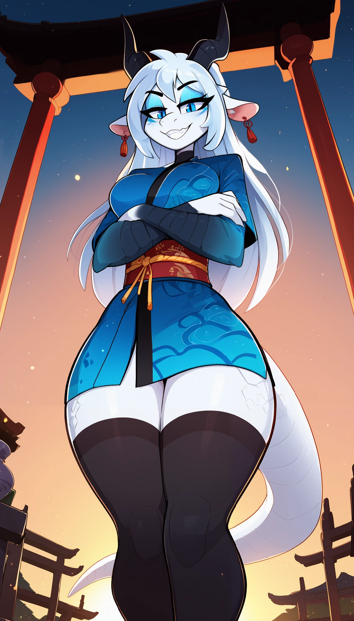 masterpiece, best quality, seductive expression, 1girl, anthro, white scales, white body, dragon girl, dragon ears, black horns, animal nose, eyes makeup, blue eyes, dragon tail, white hair, long hair, straight hair, half-closed eyes, medium breasts, thick thighs, hips, solo, (japanese temple), (sunset), detailed, (blue kimono, black stockings), cute grin, (kilinah), light particles, deep neckline, crossed arms, looking at the viewer, from below, score_9, score_8_up, score_7_up, score_6_up, score_5_up, score_4_up