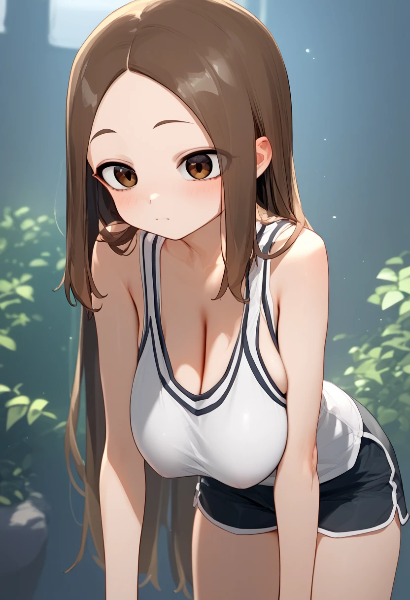 、takagi-san、score_9, score_8_up, score_7_up, 1girl, alone, Takagi, brown hair, brown eyes, long hair,   tank top in front of urinal 、 shorts、(huge breast)、saggy breasts、breasts the same size as the upper body、hanging breasts、
、 short stature 、 is short、(Loli Big )、Lori、1girl,
{Highest quality}, {so beautiful}, {Very detailed}, {Best illustrations},Life、slim:1.5、