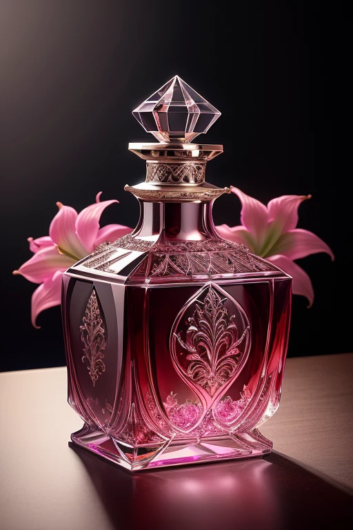 Bottle Design 、ornate gothic engraved luxury square crystal perfume bottle、　 decorated with beautiful amaryllis flowers and birds、fuchsia background 　 silver lighting、Precisely made 、 shot by a professional photographer 、Excellent lighting、 greatest masterpiece