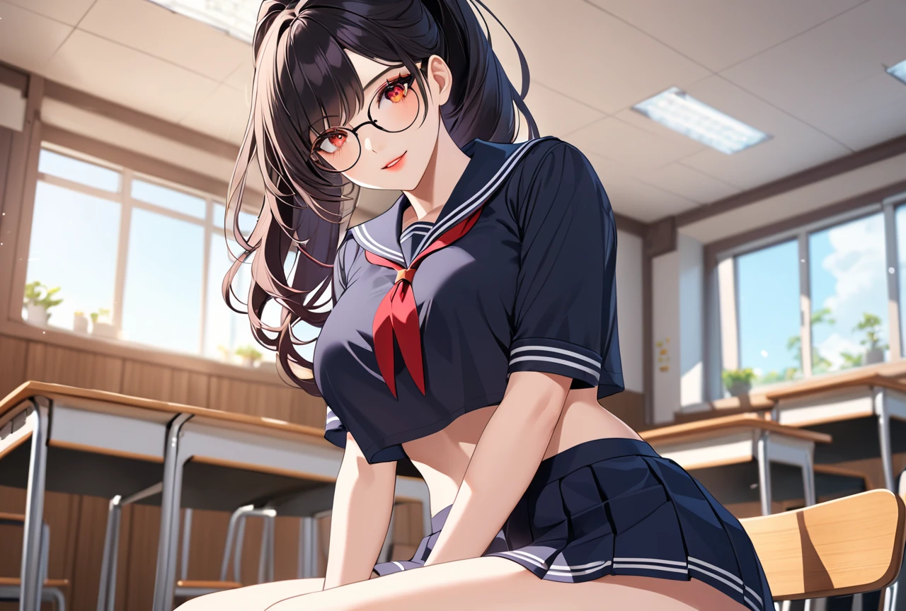 colorful, great lighting, ultra-detailed, dynamic angle, masterpiece,1girl, perfect face, (bright lighting:1.2),beautiful detailed eyes, extremely detailed face, perfect lighting,masterpiece, best quality, 1girl, {hair (darkbrown), (long hair), (2 ponytails)},(nipple),

1girl, look up from below, Backward, squatting, classroom,sofa, sunset, 

navy blue high school girl uniform, pleated skirt, stockings, sweaty, glasses, wet body, navel out, thighs out, buttocks, large breast, slim, slender, translucent, Embarrassed expression, blush