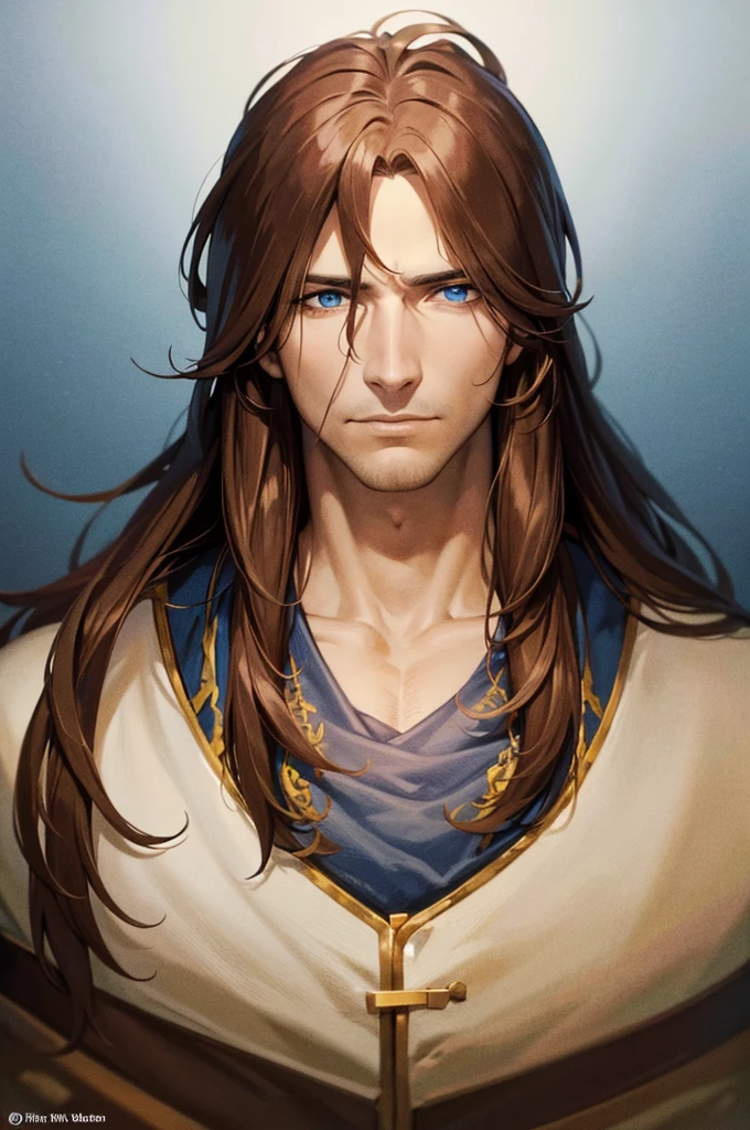 [art, ultra graphic, detailed image, 4k, 32k] image focused on the character's face, character looking fixedly at the viewer, a king, 40-year-old man, gentle and docile face, brown hair and deep blue eyes, long hair from the shoulder