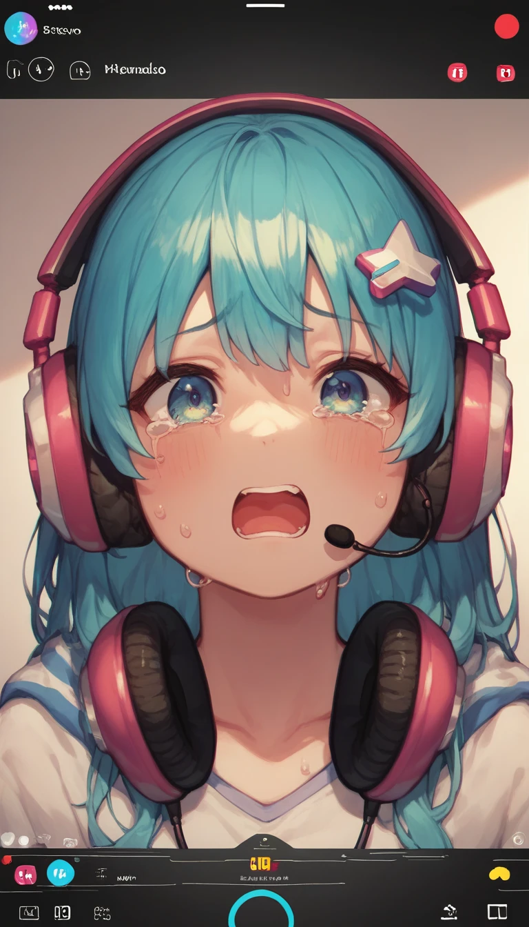 a close up of a woman  Usando fones de ouvido  on a video chat, nodded, streamer do Twitch, Twitch live stream , using headphones para jogos, her face turning red and sweat , streamer do Twitch / player ludwig,  emote muscle contraction,  using gaming headset ,  tears streaming down the face , with headphones, headphones on, showing her face, headphones,  Usando fones de ouvido , using headphones