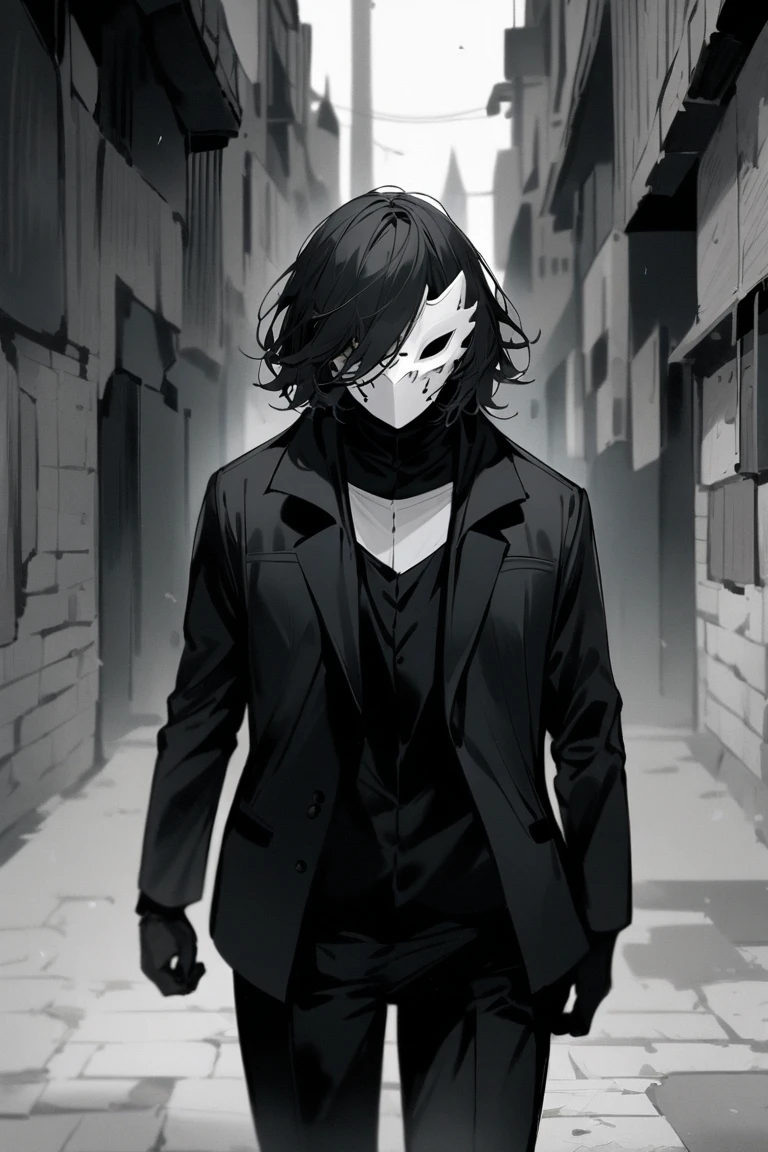 e devil with full black skin wearing a black jacket with short green hair using a plague doctor mask