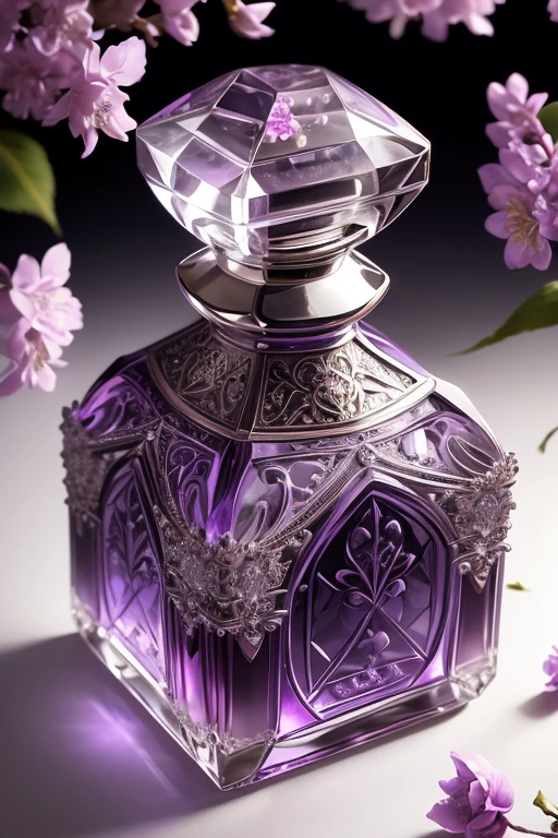 Bottle Design 、 Ornate Gothic Carved Luxury Square Crystal Perfume Bottle Decorated with Beautiful Lilac Flowers and Birds、 美しいライラックの花と鳥が飾られている、fuchsia background silver lighting、Precisely made 、 shot by a professional photographer 、Excellent lighting、 greatest masterpiece