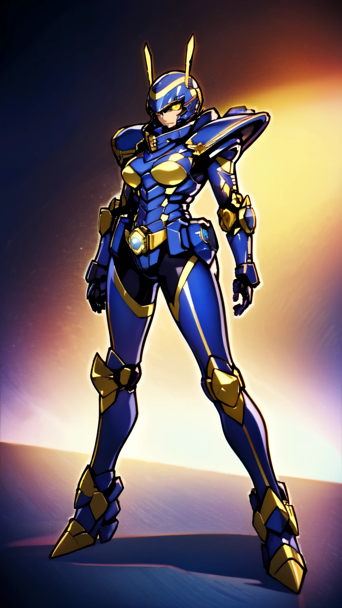 (masterpiece:1.5, best quality:1.5, extremely delicate:1.5), a woman wearing a full-face helmet, high-tech biomimetic armored combat suit, (a composite layered chest armor), the design balances heavy with agility, fully enclosed shoulder guards, matching arm and leg guards, a belt of gemstone, (the color scheme is primarily Purple with Blue and Yellow accents, Organic Biotech, Concept Inspired by queen bee, glowing eyes, armor glows), stand of a futuristic sci-fi city, this character embodies a finely crafted fantasy-style armored hero in anime style, exquisite and mature art style, metallic, high definition, highres, ultra-detailed, ultra-fine painting, professional, perfect body proportions, golden ratio, anatomically correct, symmetrical face, extremely detailed eyes and face, high quality eyes, creativity, RAW photo, UHD, 32k, Natural light, cinematic lighting, (masterpiece-anatomy-perfect:1.2)