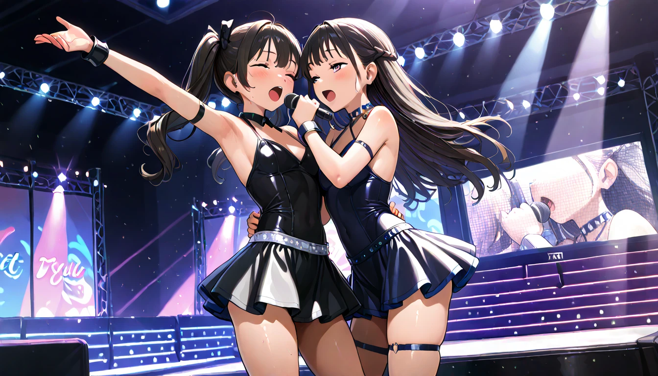 ((top quality)),((masterpiece)),((perfect face)),(ultra-detailed),ultra high res, 8k, 2girls, idol, singing, yuri, nightclub, exquisite, cowboy shot, (very aesthetic:1.2), (absurdres:1.2), (detailed background),newest, perfect anatomy,