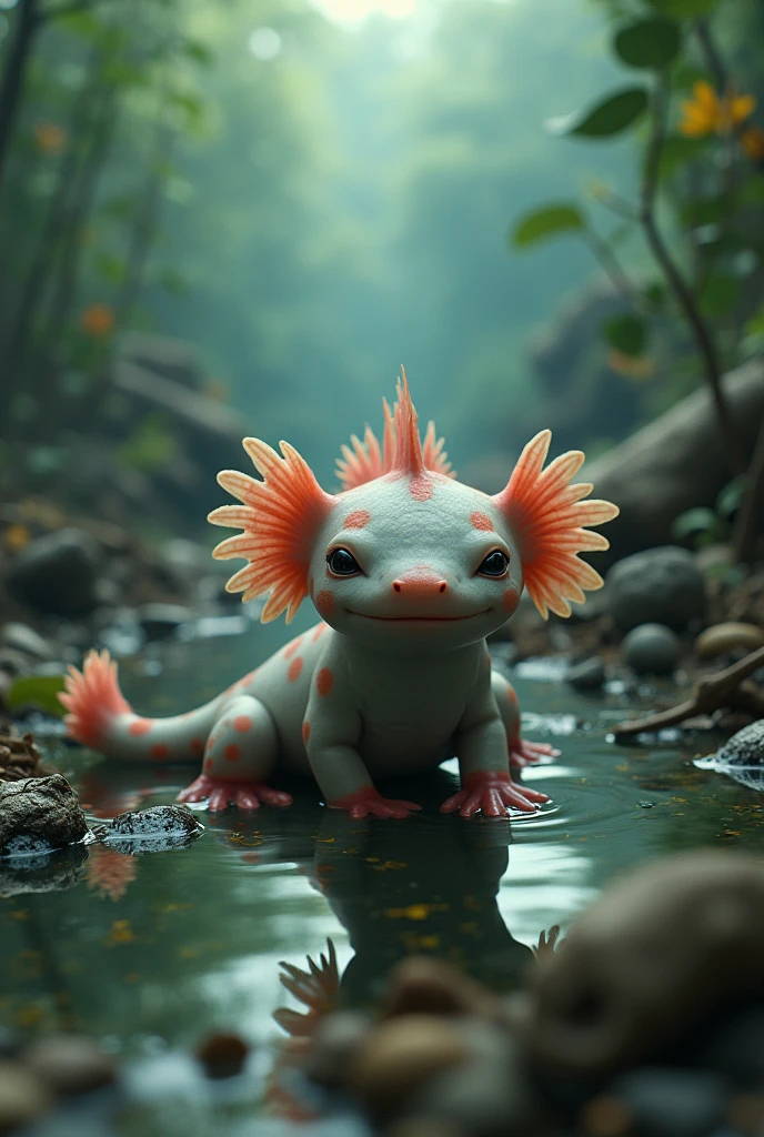 create me a drawing of a lying axolotl, fluffly