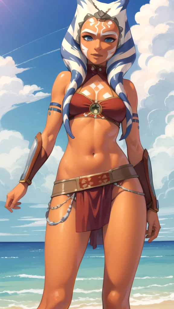 (masterpiece), (best quality),
solo, 1girl, detailed face,
ahsoka, orange skin, facial mark, navel, thighs 