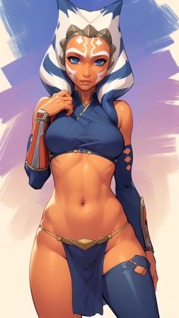 (masterpiece), (best quality),
solo, 1girl, detailed face,
ahsoka, orange skin, facial mark, navel, thighs 