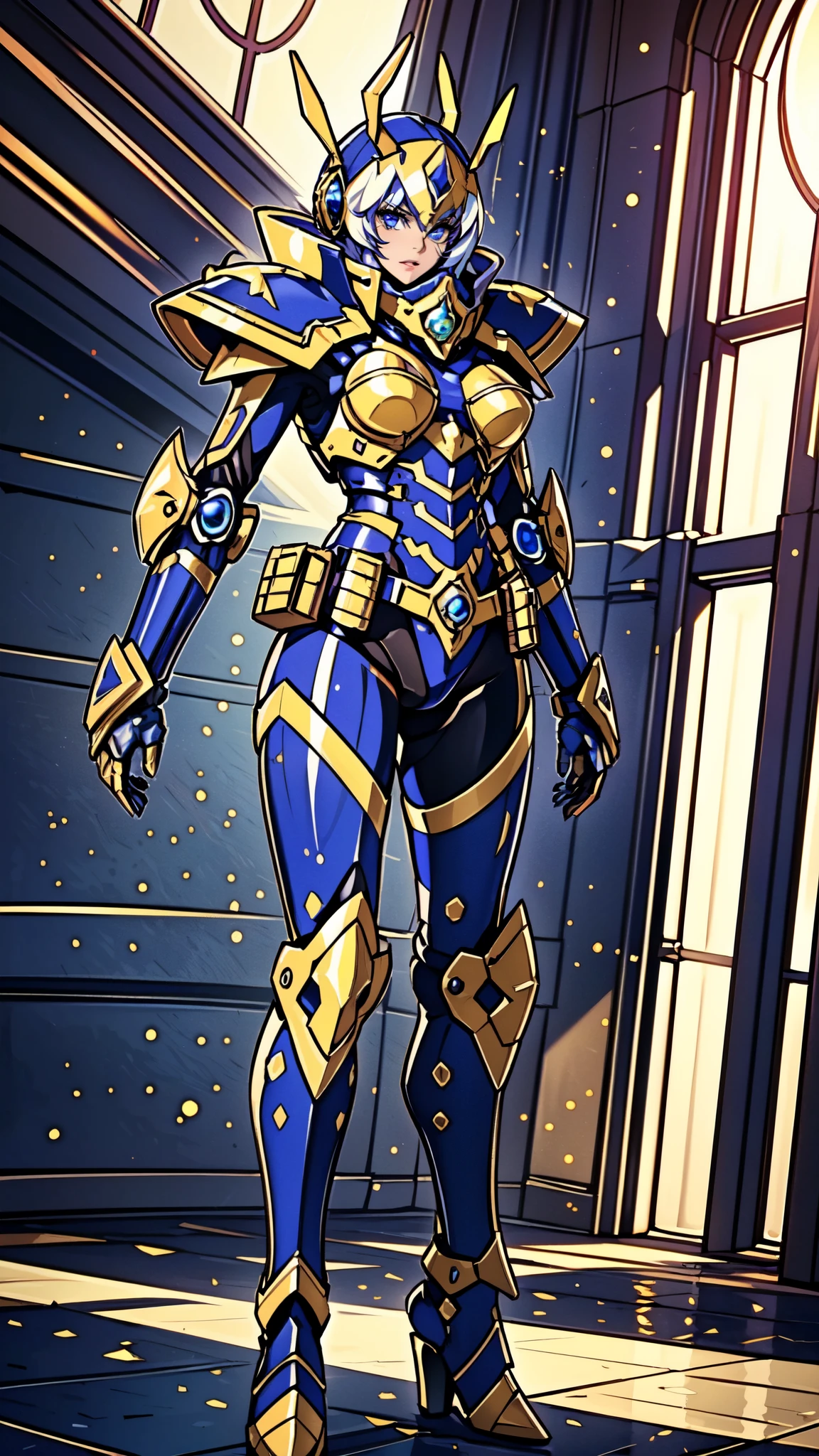 (masterpiece:1.5, best quality:1.5, extremely delicate:1.5), a woman wearing a full-face helmet, high-tech biomimetic armored combat suit, (a composite layered chest armor), the design balances heavy with agility, fully enclosed shoulder guards, matching arm and leg guards, a belt of gemstone, (the color scheme is primarily Purple with Blue and Yellow accents, Organic Biotech, Concept Inspired by queen bee, glowing eyes, armor glows), stand of a futuristic sci-fi city, this character embodies a finely crafted fantasy-style armored hero in anime style, exquisite and mature art style, metallic, high definition, highres, ultra-detailed, ultra-fine painting, professional, perfect body proportions, golden ratio, anatomically correct, symmetrical face, extremely detailed eyes and face, high quality eyes, creativity, RAW photo, UHD, 32k, Natural light, cinematic lighting, (masterpiece-anatomy-perfect:1.2)