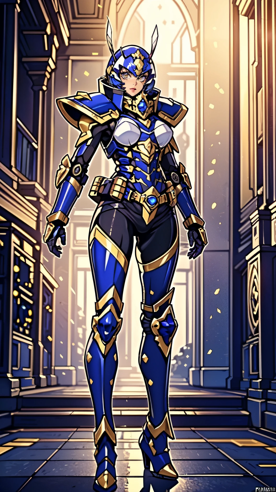 (masterpiece:1.5, best quality:1.5, extremely delicate:1.5), a woman wearing a full-face helmet, high-tech biomimetic armored combat suit, (a composite layered chest armor), the design balances heavy with agility, fully enclosed shoulder guards, matching arm and leg guards, a belt of gemstone, (the color scheme is primarily Purple with Blue and Yellow accents, Organic Biotech, Concept Inspired by queen bee, glowing eyes, armor glows), stand of a futuristic sci-fi city, this character embodies a finely crafted fantasy-style armored hero in anime style, exquisite and mature art style, metallic, high definition, highres, ultra-detailed, ultra-fine painting, professional, perfect body proportions, golden ratio, anatomically correct, symmetrical face, extremely detailed eyes and face, high quality eyes, creativity, RAW photo, UHD, 32k, Natural light, cinematic lighting, (masterpiece-anatomy-perfect:1.2)