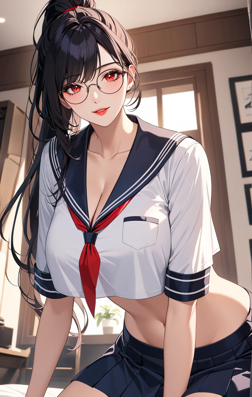 Gneisenau (Azur Lane), glasses,beautiful detailed eyes, periwinkle hair, long hair, team rocket,team rocket uniform, red letter R, white skirt,white crop top,black thigh-highs,black elbow gloves, sinister smile