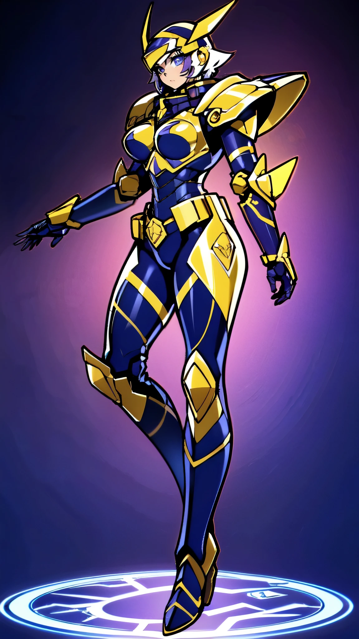 (masterpiece:1.5, best quality:1.5, extremely delicate:1.5), a woman wearing a full-face helmet, high-tech biomimetic armored combat suit, (a composite layered chest armor), the design balances heavy with agility, fully enclosed shoulder guards, matching arm and leg guards, a belt of gemstone, (the color scheme is primarily Purple with Blue and Yellow accents, Organic Biotech, Concept Inspired by queen bee, glowing eyes, armor glows), stand of a futuristic sci-fi city, this character embodies a finely crafted fantasy-style armored hero in anime style, exquisite and mature art style, metallic, high definition, highres, ultra-detailed, ultra-fine painting, professional, perfect body proportions, golden ratio, anatomically correct, symmetrical face, extremely detailed eyes and face, high quality eyes, creativity, RAW photo, UHD, 32k, Natural light, cinematic lighting, (masterpiece-anatomy-perfect:1.2)