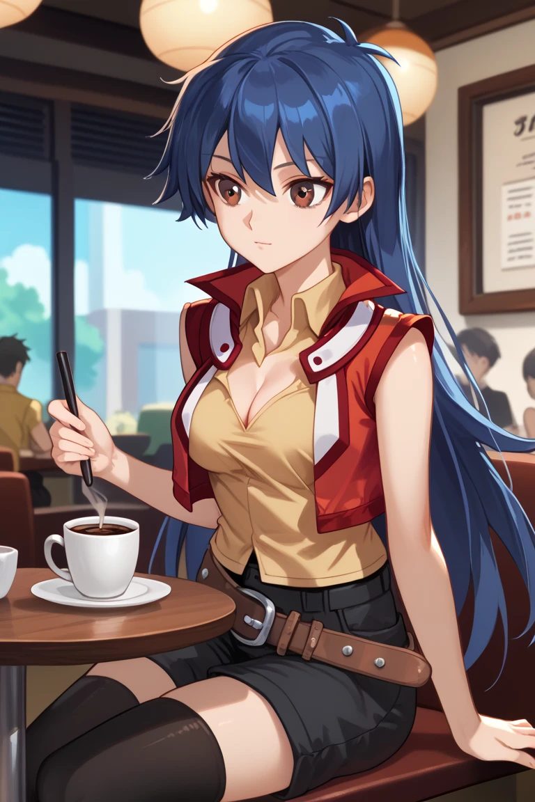 Saotome Rei, anime screencap,
aarei, long hair, blue hair, brown eyes, collared shirt, yellow shirt, red jacket, sleeveless, belt, black shorts, black thighhighs, medium breasts,  cleavage,   cafe, sitting, table, coffee, flirting,