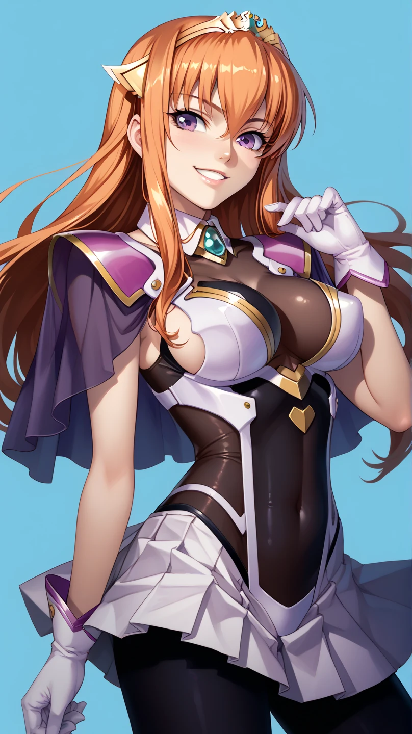 score_9, score_8_up, score_7_up, score_6_up, uncensored,  BREAK, cowboy shot, 
transparent background, Maya Cordelia, 1girl, smile,
orange hair, long hair, sidelocks, purple eyes, tiara,
capelet, white bra, detached collar, bodystocking, white gloves, pleated skirt, black pantyhose,