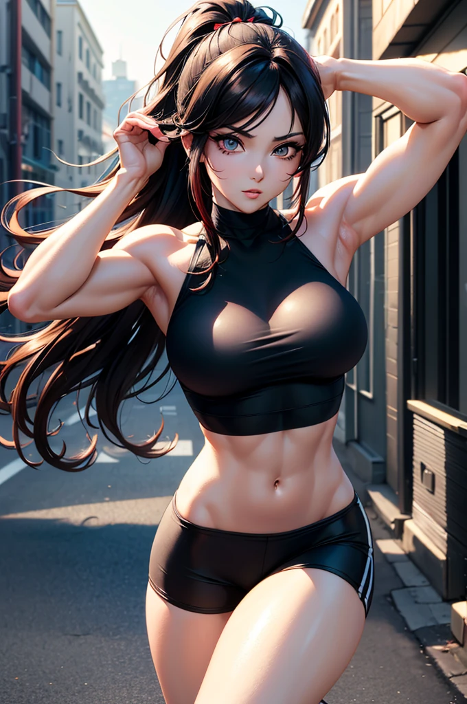 1 girl, solo, black, hair, extremely long hair, yellow eyes, angry, large breasts, thick thighs, curvy, wide hips, (muscular), toned body, crop top, bike shorts, navel, abs, concrete