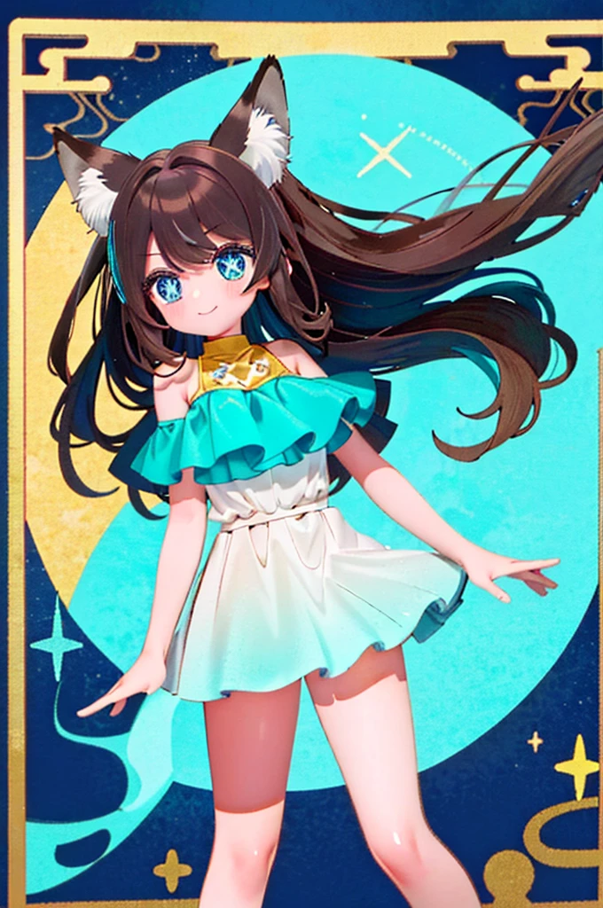   Robotic doll  ,   eyes with shiny logo  ,  white skin , robotic skin  , Metalica,  (animated)  a girl,  Fox ears , calm smile, Long brown hair, Star, turquoise blue eyes, Star pagupagil ( Girl with brown hair) (  short ears fox  ) (turquoise blue eyes) (  leg length hair  ) ( long brown hair with turquoise tips )   long brown hair with turquoise tips   :   Long hair up to the toes Turquoise colored tips turquoise hair extension, largo hair,  Fox ears  ( Girl with brown hair with turquoise tipags) ( Fox ears ) (turquoise blue eyes) (  Hair down to the legs  ) (look: touch) ( Big breasts) ( long brown hair with turquoise tips )   long brown hair with turquoise tips   :   Blue dyed tips up to the tips of the feet Turquoise blue hair extension   , largo hair,  Fox ears , {{ Fox ears }},  brown  Fox ears  and tail  , fox animal ears,  traje de Trapeze artist blanco de circo, character style : Trapeze artist, swimsuit style 