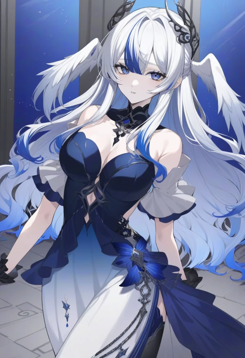 an incredibly beautiful woman with long shaggy bangs straight white hair with dark blue tips and sharp dark blue eyes with white lashes, wearing a long dark blue gown with off sleeves the skirt is mermaid style and 1 slit and a key hole in the middle it has silver thin chains around the chest and slit, it has multiple dark blue, pale blue, light blue and black roses around it with long black gloves and a white fur, white wings with blue tips, back wings, ear wings, head wings, in a manhwa