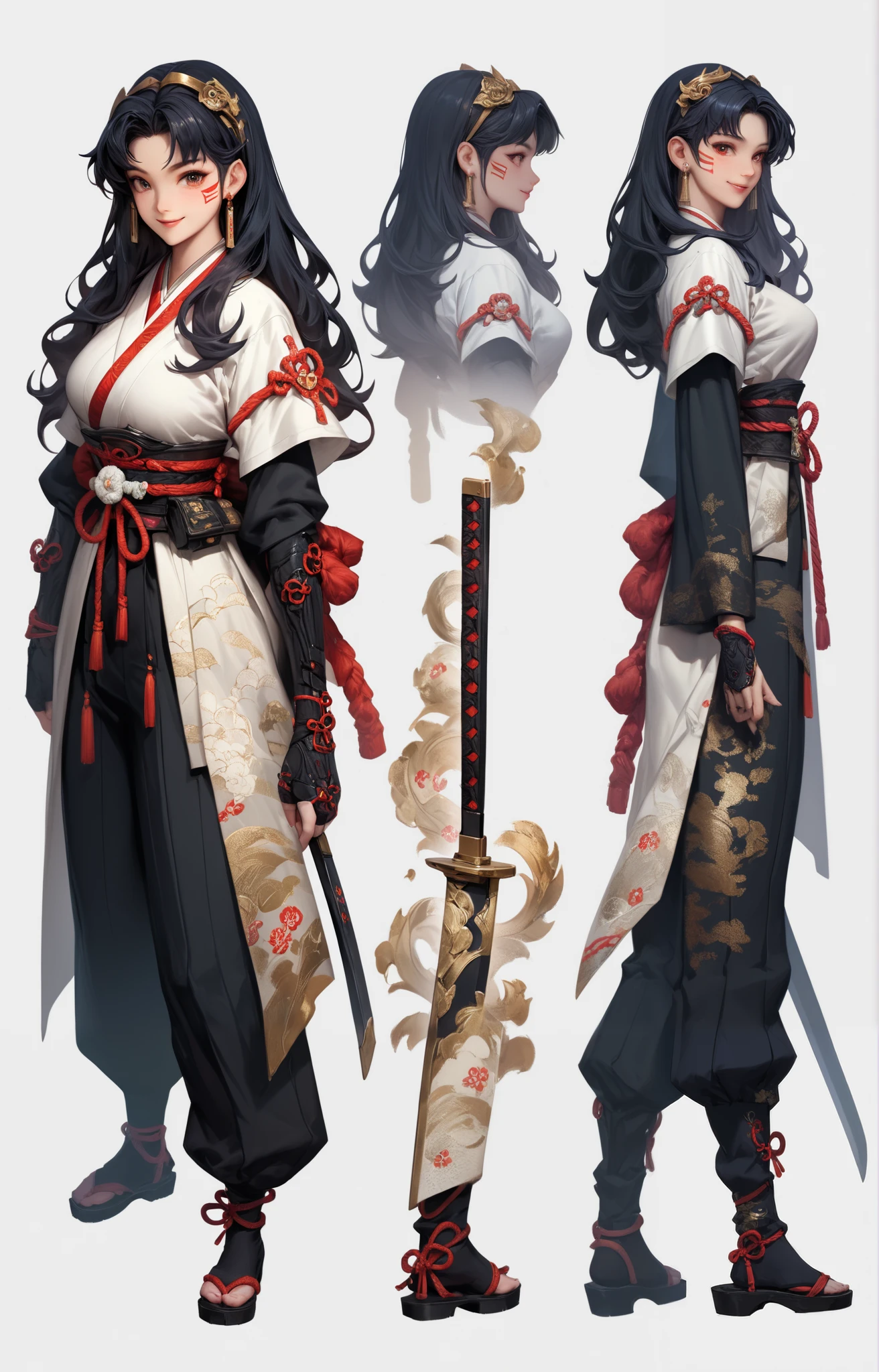 high resolution, There's nothing there, best quality, masterpiece, Intricate Details , ridiculous results , 4K, Semi-realistic,, The character design is excellent, Reference Table, simple white background, Color Guide, (Multiple Views), (whole body), 1 girl, Japanese Armor, Samurai Knife, facial tattoo, Smile, long hair, Xianxia Costume,,