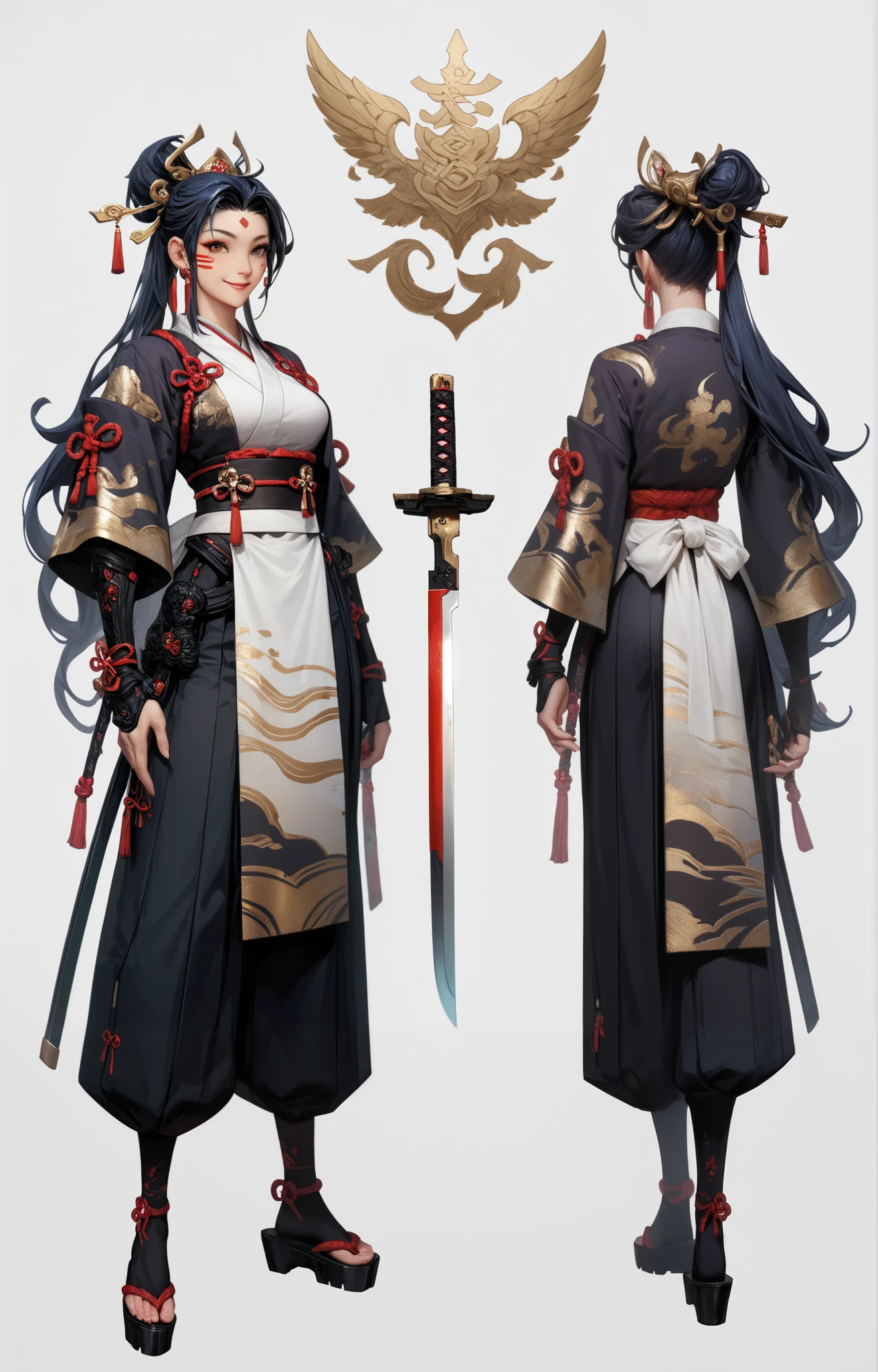 high resolution, There's nothing there, best quality, masterpiece, Intricate Details , ridiculous results , 4K, Semi-realistic,, The character design is excellent, Reference Table, simple white background, Color Guide, (Multiple Views), (whole body), 1 girl, Japanese Armor, Samurai Knife, facial tattoo, Smile, long hair, Xianxia Costume,,
