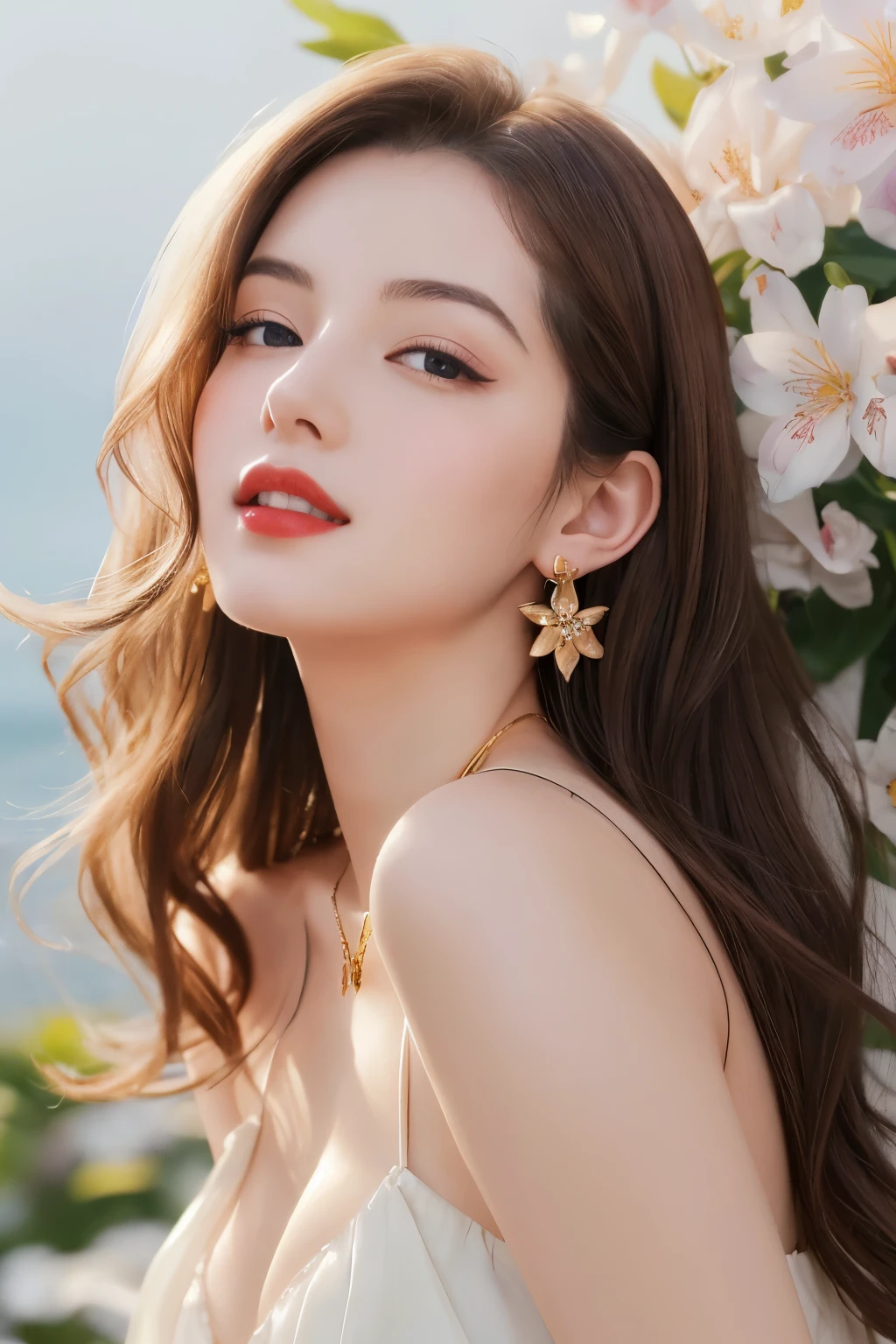 Body portrait, 8K, thin and beautiful eyes, Dindal effect, masterpiece, top quality, high quality, high resolution, very detailed photo, real photo quality, (natural skin texture, fine skin, hyper realism, super sharpness), high detail skin, (very fine, fine skin texture, intricate details, beautiful face, (realistic face), sexy lips, realistic eyes, beautifully detailed eyes, realistic skin, beautiful skin, Surreal, highly detailed, golden ratio, smiling eyes, daytime sunlight, skin glowing in the sun, shiny skin with oil, body portrait, G cup, big breasts, huge breasts, big breasts, glamorous, Erotic body, wearing a black string bikini,