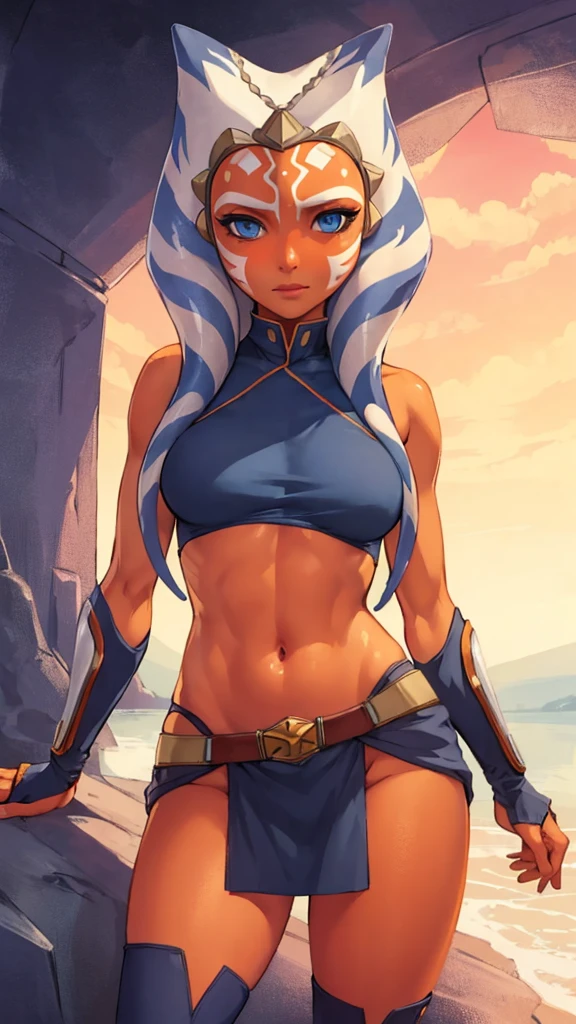 (masterpiece), (best quality),
solo, 1girl, detailed face,
ahsoka, orange skin, facial mark, navel, thighs 