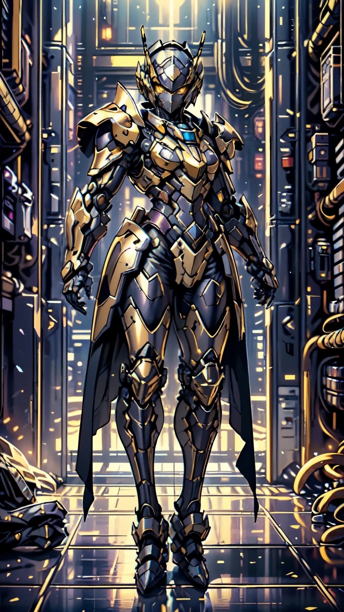 (masterpiece:1.5, best quality:1.5, extremely delicate:1.5), a woman wearing a full-face helmet, high-tech biomimetic armored combat suit, (a composite layered chest armor), the design balances heavy with agility, fully enclosed shoulder guards, matching arm and leg guards, a belt of gemstone, (the color scheme is primarily Purple with Blue and Yellow accents, Organic Biotech, Concept Inspired by queen bee, glowing eyes, armor glows), stand of a futuristic sci-fi city, this character embodies a finely crafted fantasy-style armored hero in anime style, exquisite and mature art style, metallic, high definition, highres, ultra-detailed, ultra-fine painting, professional, perfect body proportions, golden ratio, anatomically correct, symmetrical face, extremely detailed eyes and face, high quality eyes, creativity, RAW photo, UHD, 32k, Natural light, cinematic lighting, (masterpiece-anatomy-perfect:1.2)