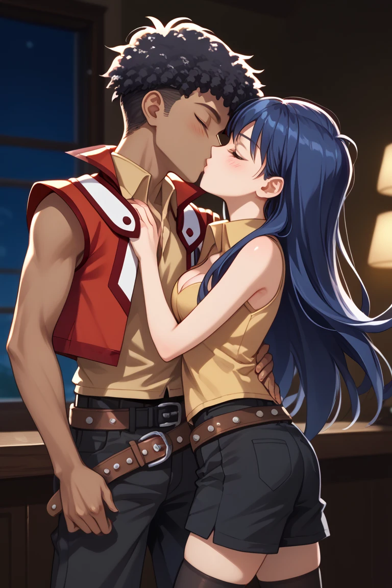 Saotome Rei, anime screencap,
aarei, long hair, blue hair, brown eyes, collared shirt, yellow shirt, red jacket, sleeveless, belt, black shorts, black thighhighs, medium breasts,  cleavage, medium breasts, cleavage, indoor,hotel,cowboy shot, blushing, incoming kiss, closed eyes, colarbone, 1boy, 1girl, kiss, couple, hetero male,  tall male, interracial, very dark skin, african male, dark skinnend male, male with afro, blaick haired male,