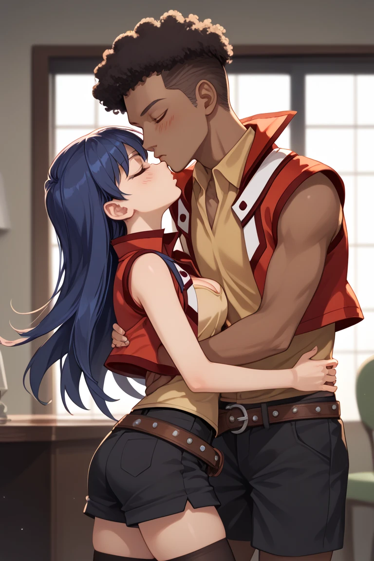 Saotome Rei, anime screencap,
aarei, long hair, blue hair, brown eyes, collared shirt, yellow shirt, red jacket, sleeveless, belt, black shorts, black thighhighs, medium breasts,  cleavage, medium breasts, cleavage, indoor,hotel,cowboy shot, blushing, incoming kiss, closed eyes, colarbone, 1boy, 1girl, kiss, couple, hetero male,  tall male, interracial, very dark skin, african male, dark skinnend male, male with afro, blaick haired male,