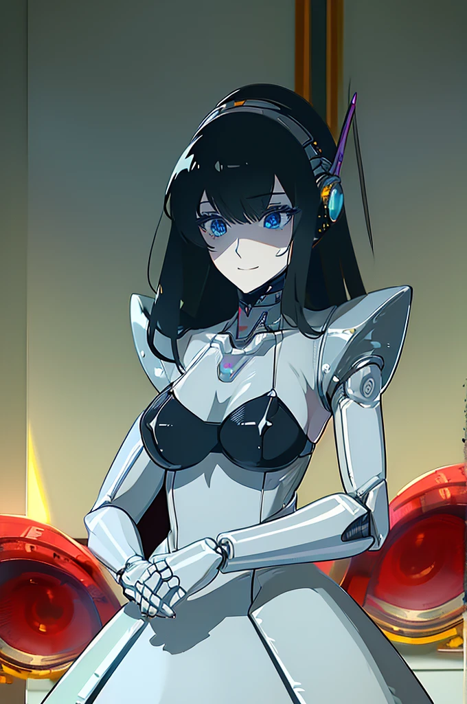 (masterpiece),(Highest quality),(Super detailed),(Best illustrations),(Best Shadow),(Absurd),(Detailed Background),(so beautiful), 16K, 8K, 4K,(Best Shadow),robotization,woman ,big bust,Robot Joint ,Metal skin,Black robot Suit,blue long hair,a black robot suit that covers the whole body,robot hand,cyber bodysuit,mecha head,(Detailed hands and fingers:1.2),Ball joint robot body,doll joint,beautiful face,beautiful robot girl,robotic eye,robotic hands,(no more human skin),android girl,cyborg girl,F cup, sexy body,(machine made joints:1.2),(machanical limbs:1.1),(blood vessels connected to tubes),(mechanical vertebra attaching to back),(mechanical cervial attaching to neck),no messy picture style,no emotion,tech control,black robot suit,maintenance,smile,antenna ,high leg,leotard