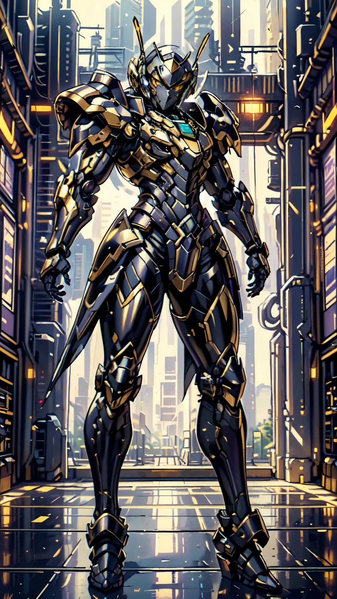 (masterpiece:1.5, best quality:1.5, extremely delicate:1.5), a woman wearing a full-face helmet, high-tech biomimetic armored combat suit, (a composite layered chest armor), the design balances heavy with agility, fully enclosed shoulder guards, matching arm and leg guards, a belt of gemstone, (the color scheme is primarily Purple with Blue and Yellow accents, Organic Biotech, Concept Inspired by queen bee, glowing eyes, armor glows), stand of a futuristic sci-fi city, this character embodies a finely crafted fantasy-style armored hero in anime style, exquisite and mature art style, metallic, high definition, highres, ultra-detailed, ultra-fine painting, professional, perfect body proportions, golden ratio, anatomically correct, symmetrical face, extremely detailed eyes and face, high quality eyes, creativity, RAW photo, UHD, 32k, Natural light, cinematic lighting, (masterpiece-anatomy-perfect:1.2)