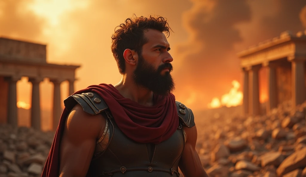 The philosopher is captured in a reflective moment on a balcony overlooking a vast, sunlit Roman cityscape. He holds a small stone carving in his hand, symbolizing the act of shaping one's own destiny. His gaze is focused, lips slightly parted as if deep in thought, while the wind gently stirs his tunic, revealing his shoulder and strong build. The warm glow of the setting sun enhances the scene, casting a golden hue over the landscape and reflecting on the philosopher’s contemplative face. The entire image exudes a sense of empowerment and the readiness to move forward.